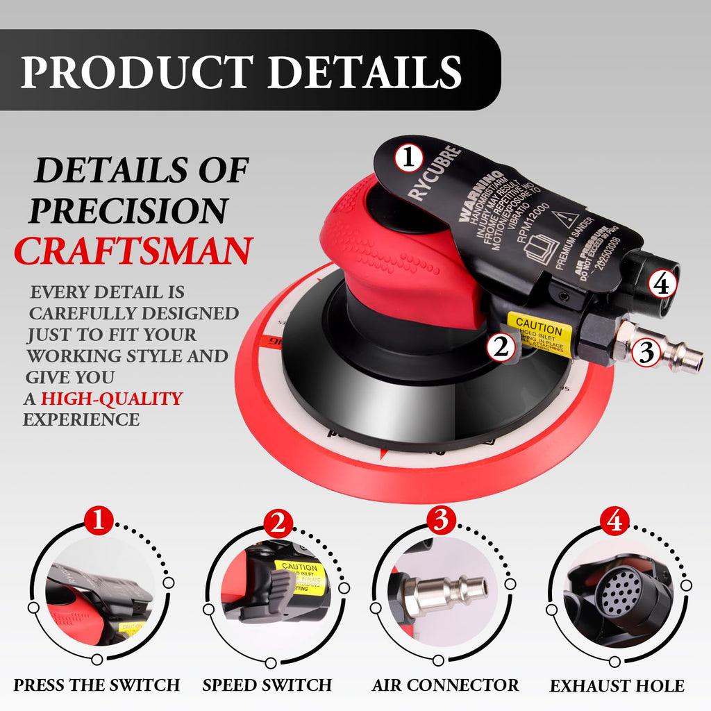 Rycubre pneumatic Air Sander 5/6 Inch DA Palm Sander for auto body, High Speed Random Orbital Sander for Woodworking & Auto Polishing (6 Inch)