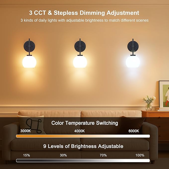 SANTOSTOCK Black Wireless Rechargeable Wall Sconces with Remote Control, Battery Operated Wall Sconce Set of 2, LED Dimmable Wall Lights with Opal White Glass Shade, 12 Colors RGB & 3 CCT Bulb