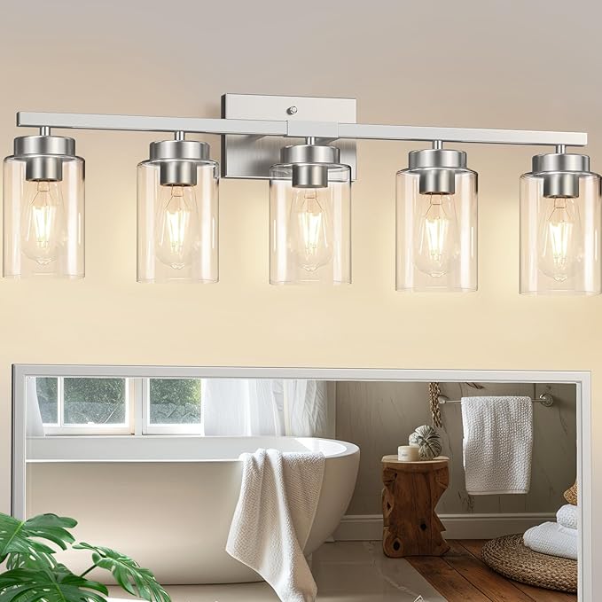 IZORRO Modern Bathroom Light Fixtures, 5 Light Brushed Nickel Vanity Lights, Bathroom Lighting Fixtures Over Mirror with Clear Glass for Living Room Cabinet Bedroom