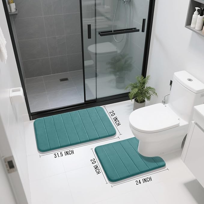 Yimobra Memory Foam Bath Mat Set 2 Piece - Super Soft Absorbent Quick Dry Bathroom Toilet Rugs, Machine Washable Non Slip Floor Carpet for Tub Shower & Single Sink (31.5x20 & 24x20, Teal)