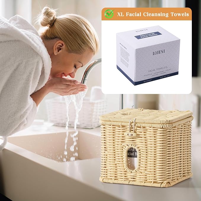 Facial Clean Skin Club Face Towels Holder for Bathroom, Plastic Rattan Disposable Face Towel Holder, Farmhouse Style for XL Face Towels Box Basket with Lid, Beige Color