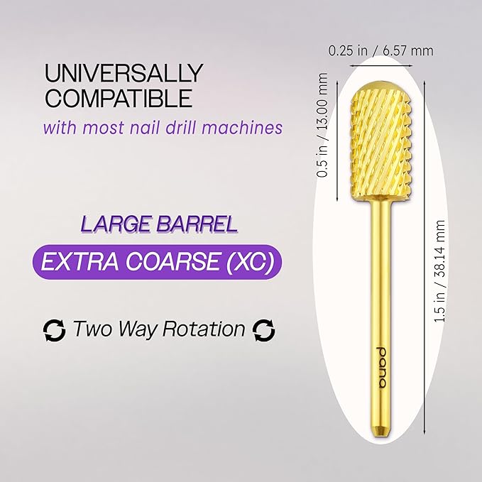 PANA 3/32" Large Barrel Smooth Top Gold Carbide Nail Drill Bit for Manicure, Pedicure and Acrylics (Grit: Extra Coarse - XC, 1pc)
