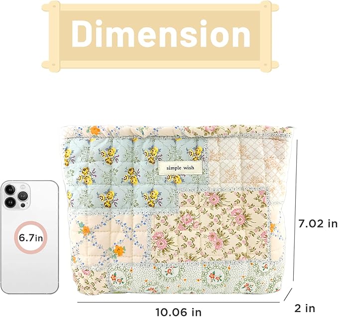 Sminra Quilted Floral Makeup Bag for Women, Cotton Cosmetic Pouch with Zipper, Slim Travel Toiletry Organizer for Makeup, Skincare and Daily Essentials Organizer (Blue Floral-L)