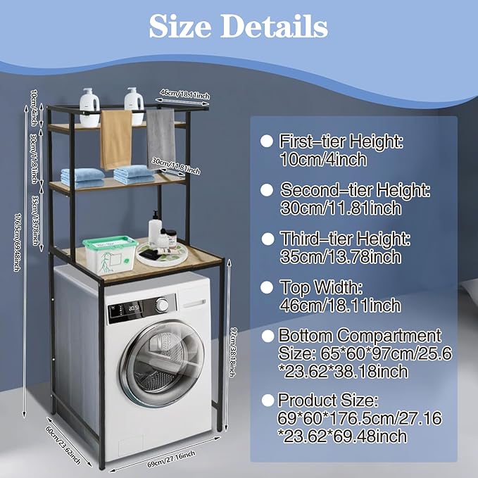 Washer and Dryer Storage Rack, 3 Tier Over The Washer and Dryer Storage Shelf, Bathroom Space Saving Organizer Shelves Space Saver Standing Rack for Bathrooms, Laundry Rooms (Black+ Oak)