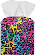 Rainbow Leopard Tissue Box Holder Waterproof PU Leather Square Tissue Box Cover Organizer with Metal Button Napkin Case for Home Office Car