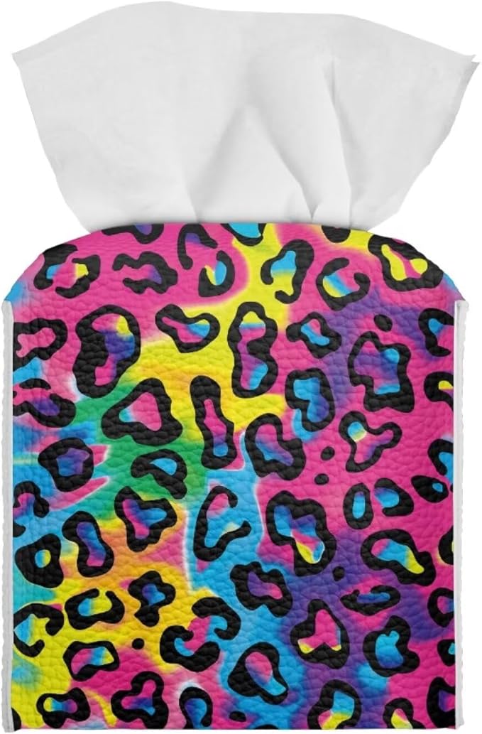 Rainbow Leopard Tissue Box Holder Waterproof PU Leather Square Tissue Box Cover Organizer with Metal Button Napkin Case for Home Office Car