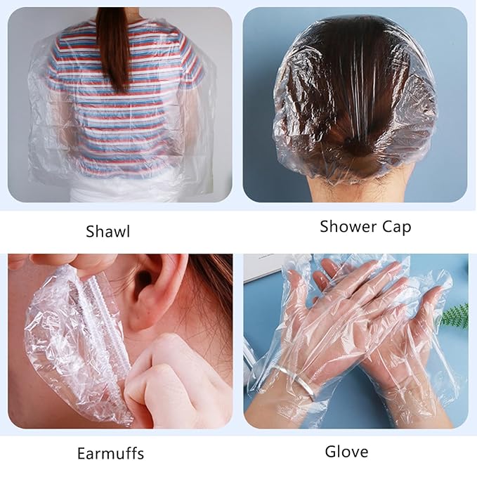 ArrErr 10 Set Disposable Hair Dye Cape Shower Caps Ear Covers Plastic Gloves Protection Kit for Hair Color Creme Application Coloring Dyeing Bleaching Tinting DIY Tool Salon Hair Colorist Color Spray