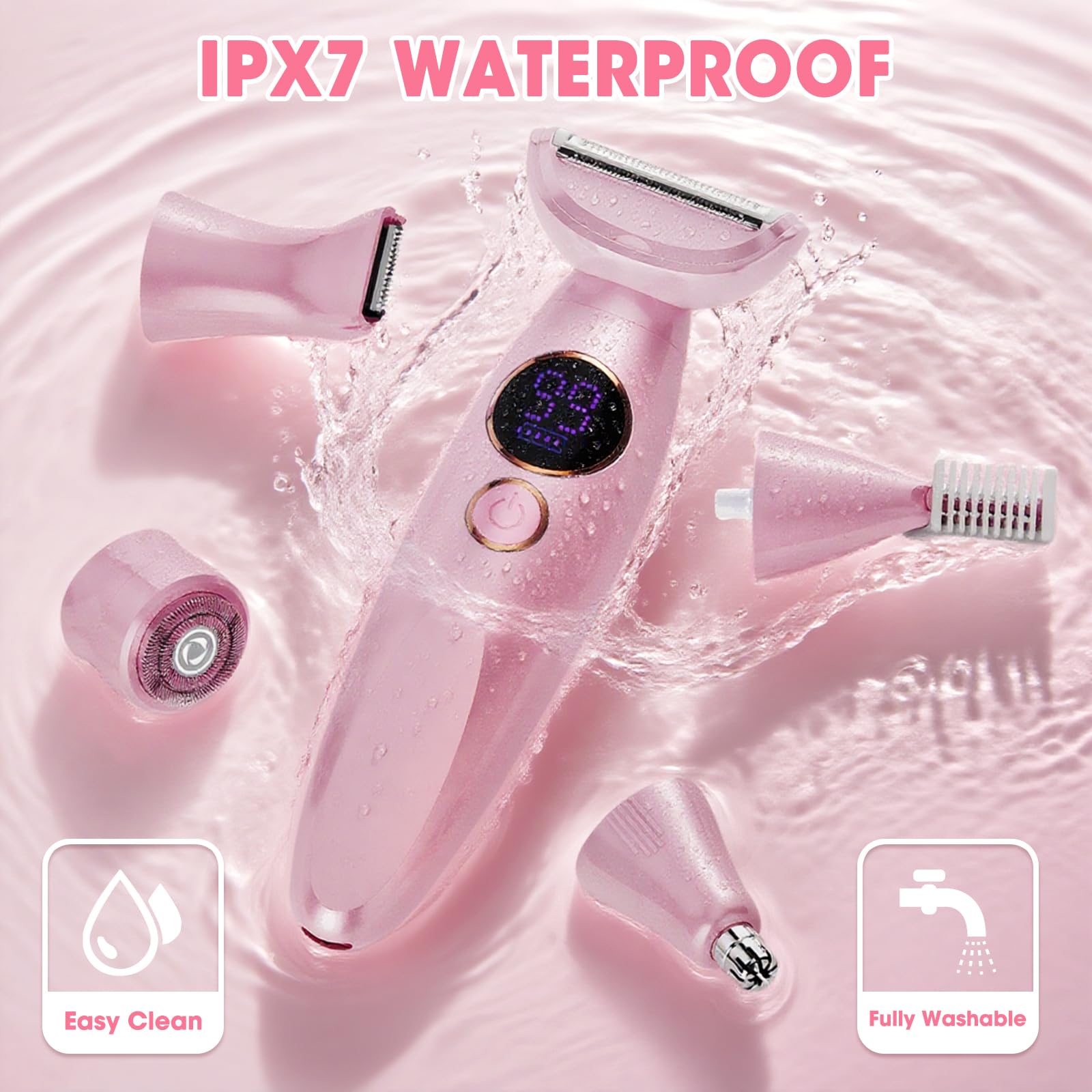 5 in 1 Bikini Trimmer for Women,IPX7 Waterproof Cordless Replaceable Pubic,Eyebrow,Facial Electric Razors&Nose Hair Trimmer&Painless Body Shaver for Arms Legs Underarms,USB Charge,LED Display,Wet&Dry