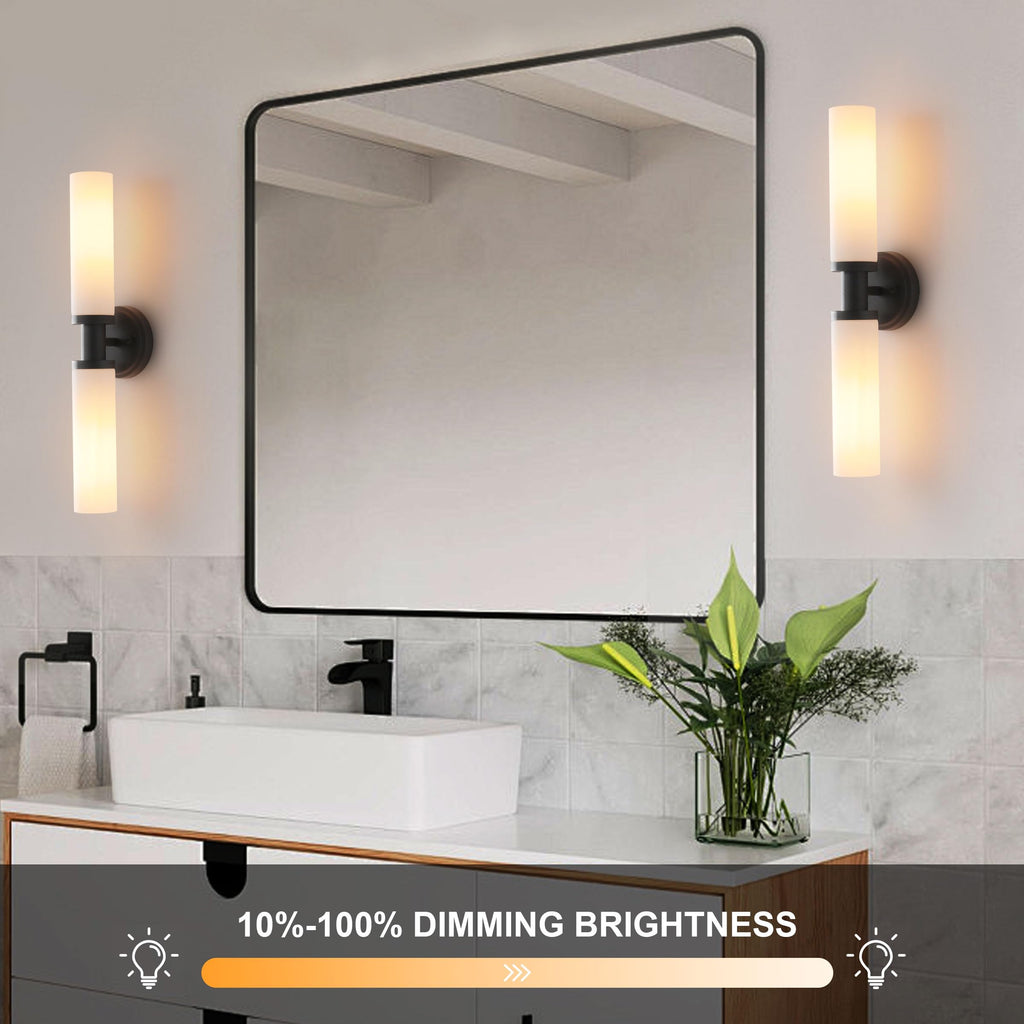Wall Sconces Set of Two,Matte Black Bathroom Sconces Wall Lighting with White Glass, Modern Sconces Wall Decor Set of 2 Wall Light fixtures for Bathroom Mirror Living Room Hallway Bedroom Wall Lamp