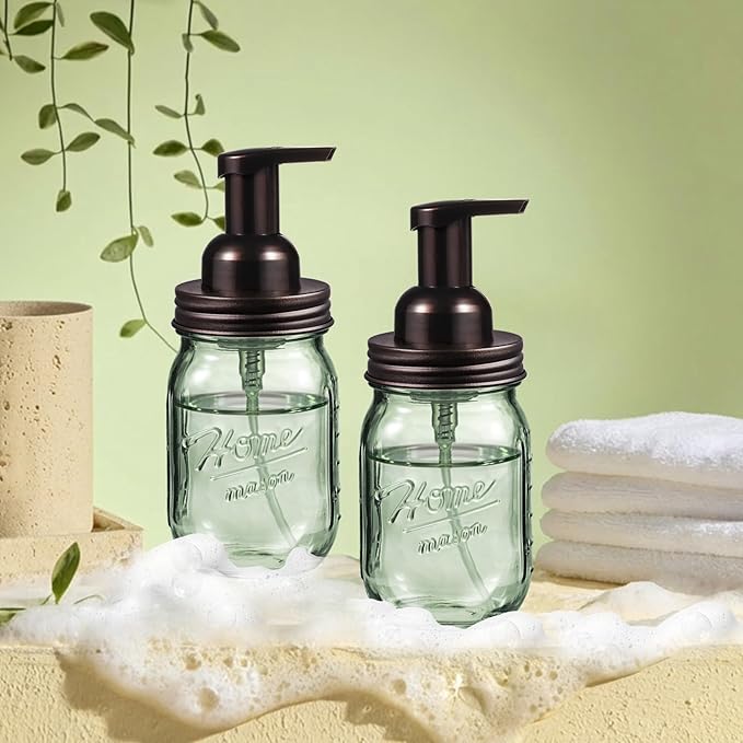 SheeChung Mason Jar Foaming Soap Dispenser, Stainless Steel Lid, Green Glass Foam Hand Soap Dispenser, 16 Oz Refillable Liquid Foam Dispenser Bottle for Bathroom Kitchen, Dish Soap-Bronze, 2 Pack