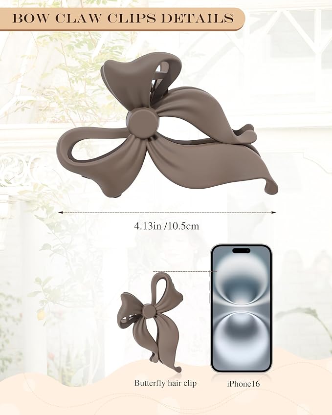 4 PCS Bow Hair Clips Bow Claw Clip for Women, Large Hair Claw Clips for Thin Thick Long Hair Cute Nonslip Bows (Dark Brown+Light Brown+Off-White+Light Pink)