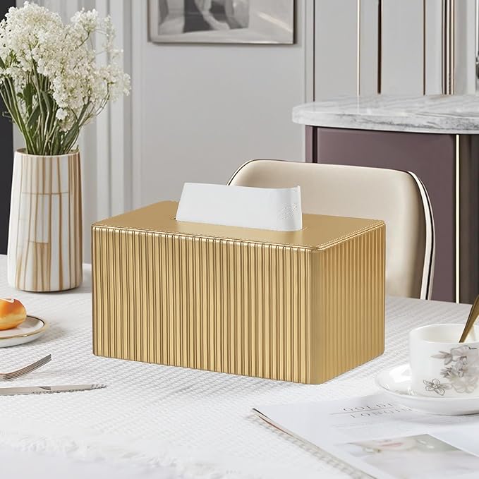 MEIBOOCH PU Leather Tissue Box Cover Square, Cube Tissue Box Holder with Magnetic Closure, Decorative Tissue Holder for Bathroom Bedroom Office (Gold, Rectangle Height of 4.7 in)