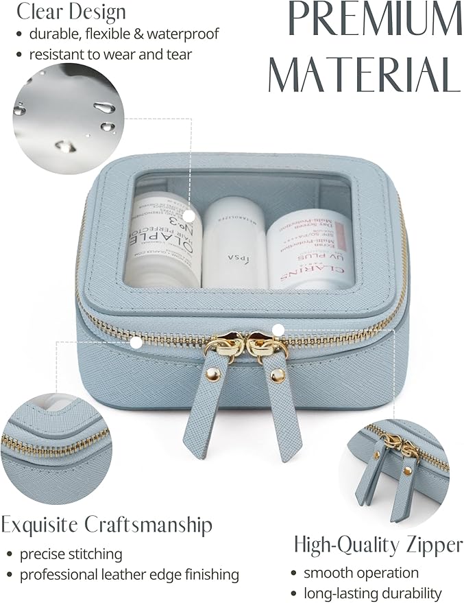 Popvibe Clear Makeup Bag Travel Cosmetic Case Transparent Toiletry Bag with Zipper, Portable Make Up Organizer Traveling Compact Car Bag for Essentials, Light Blue, Mini