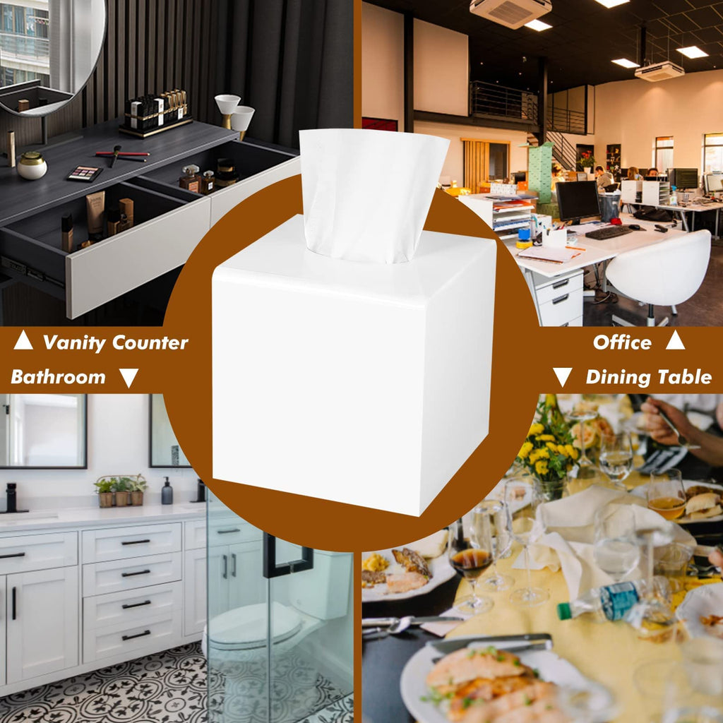 Kamehame Tissue Box Cover Square Acrylic Tissue Holder 5.25x5.25x5.5 Inch White Dryer Sheet Holder Container Tissue Dispenser for Home Bathroom Kitchen and Office