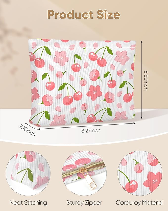 Ksriylm Cute Red Pink Cherry Floral Makeup Pouch for Women Small Make Up Cherries Bag for Purse Zipper Initial Makeup Cosmetic Bags Pouches for Purse Aesthetic Travel Toiletry Bags