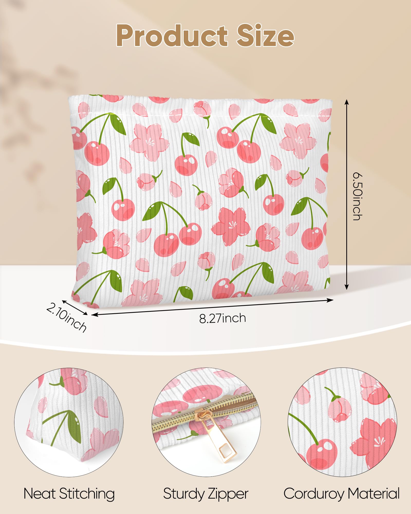 Ksriylm Cute Red Pink Cherry Floral Makeup Pouch for Women Small Make Up Cherries Bag for Purse Zipper Initial Makeup Cosmetic Bags Pouches for Purse Aesthetic Travel Toiletry Bags