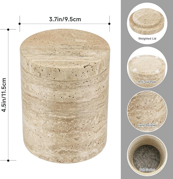 N NANSHOP Natural Marble Canister, Cotton Swab Holder with Lid, Marble Toothbrush Holder Qtip Holder Storage for Cotton Swab, Floss Picks, Makeup Pad, Bath Salt, Beige White Travertine(NS019)