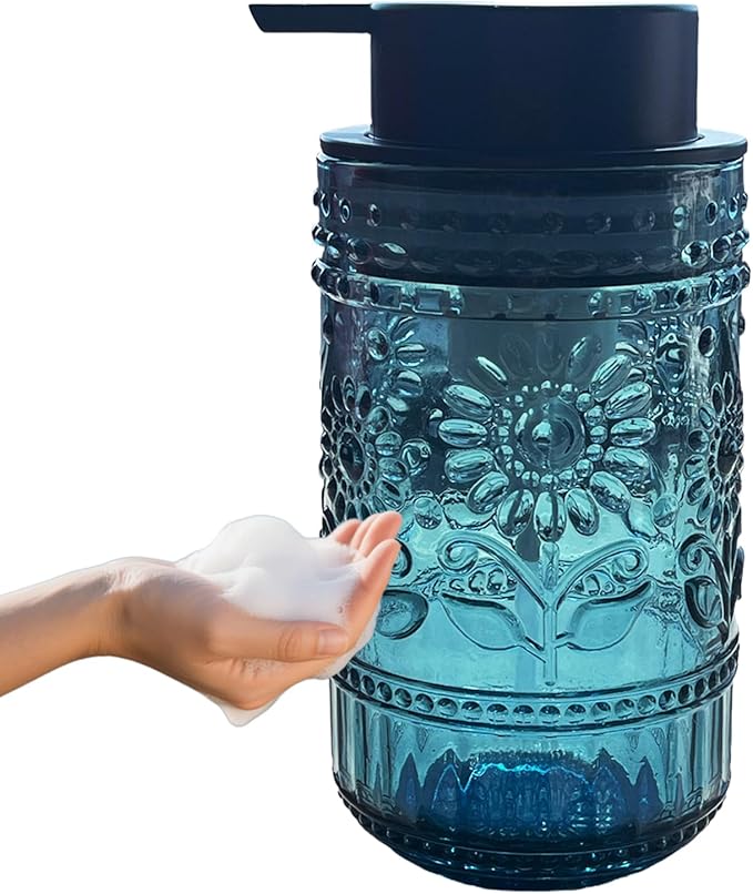 Foaming Hand Soap Dispenser,Vintage Glass Soap and Lotion Dispenser for Bathroom,Kitchen Dish Soap Dispenser with Silver Foam Pump,Cute Farmhouse Antique Decor (Blue+Foam Pump)