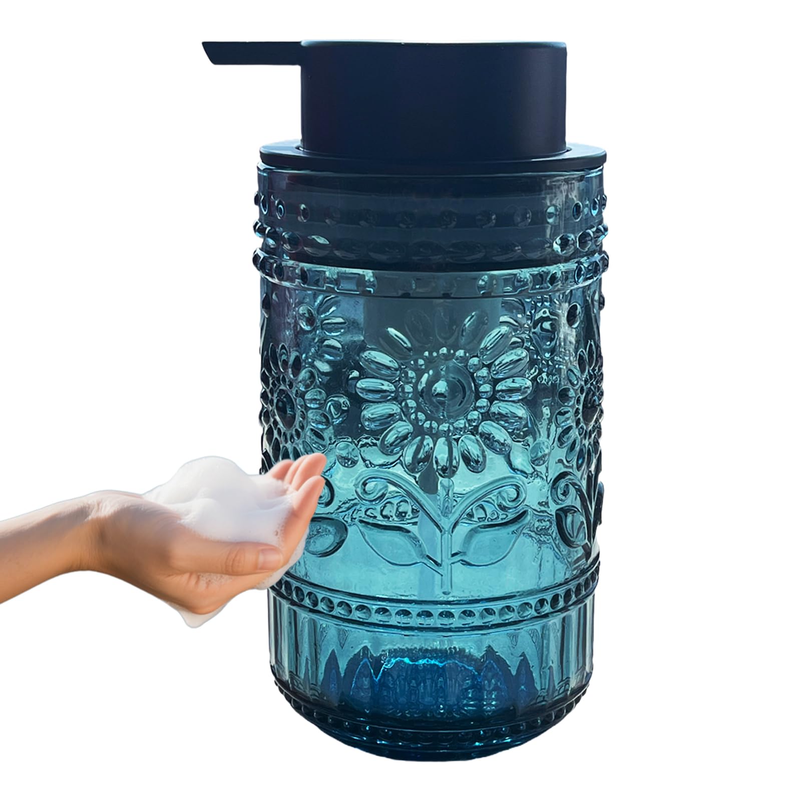 Birugen Foaming Hand Soap Dispenser,Vintage Glass Soap and Lotion Dispenser for Bathroom,Kitchen Dish Soap Dispenser with Silver Foam Pump,Cute Farmhouse Antique Decor (Blue+Foam Pump)