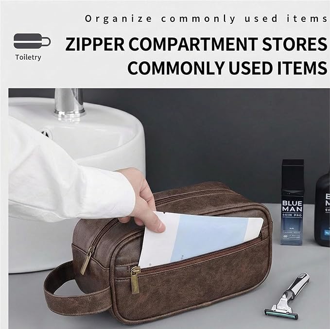 Men’s Toiletry Bag - Vintage PU Leather Kit for Travel - Water-Resistant Shaving Bag,Compact Pouch Gift for Husband, Dad (Brown)