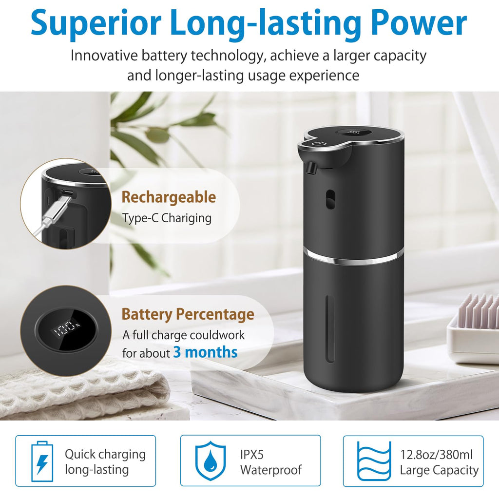 Automatic Liquid Soap Dispenser 12.8oz, Rechargeable & 6 Levels Soap Adjustable with Digital Display, Wall Mount, Waterproof, Touchless Hand/Dish Soap Dispenser for Kitchen, Bathroom, Hotel