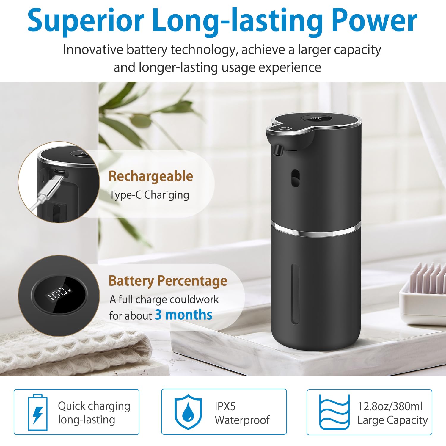 Automatic Liquid Soap Dispenser 12.8oz, Rechargeable & 6 Levels Soap Adjustable with Digital Display, Wall Mount, Waterproof, Touchless Hand/Dish Soap Dispenser for Kitchen, Bathroom, Hotel