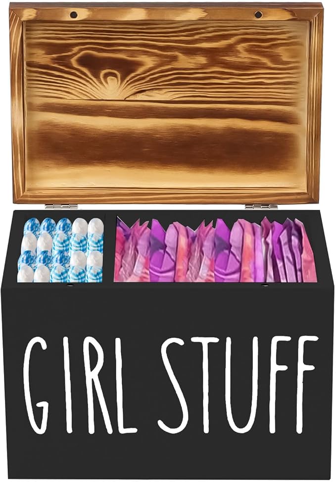 Tampon Holder for Bathroom, Feminine Product Organizer Pad Case with Lid, Pad and Tampon Organizer, Bathroom Accessories Box for Girl Stuff (Black)