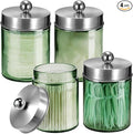 Amolliar Sage Green Qtip Holder, Glass Apothecary Jar Metal Lid & Sticker, Bathroom Qtip Dispenser Storage Canister, Perfect for Cotton Balls Swabs, Round Pads, Bath Salt, Floss, Brushed Nickel 4 Pack