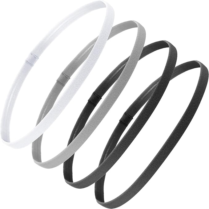 Bememo 4 Pieces Thick Non-Slip Elastic Sport Headbands Hair Headbands for Women and Men (Black, Gray, White)