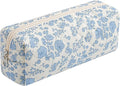 WHHJM Cute Floral Makeup Brush Bag Small Cotton Quilted Cosmetic Bag for Women Travel Toiletry Zipper Make Up Pouch (Blue Floral)