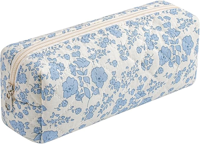 WHHJM Cute Floral Makeup Brush Bag Small Cotton Quilted Cosmetic Bag for Women Travel Toiletry Zipper Make Up Pouch (Blue Floral)