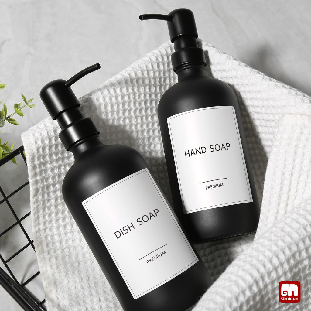 GMISUN Black Soap Dispenser, 2 Pack Matte Black Hand Soap Dispensers for Bathroom, 17 Fl Oz Glass Dish Soap Dispensers for Kitchen with Stainless Steel Pump, Modern Liquid Soap Bottle