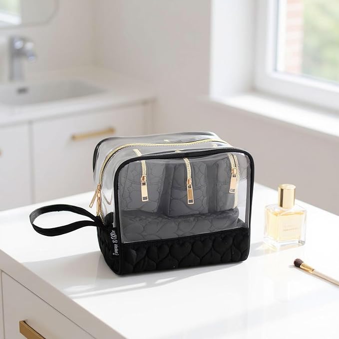 Emma & Chloe Travel Toiletry Bags for Women, 5 Piece Waterproof Cosmetic Case, Bag, Pouch Makeup Organizer Set for Women, Home Counters (Quilted Black Hearts)
