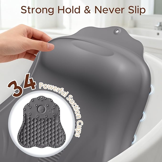 Bath Pillow for Tub, Adjustable Silicone Bathtub Pillows for Head and Neck, 0"–2.3" Neck Support, 34 Suction Cups, Easy to Clean, No Machine Wash Needed (Dark Gray)