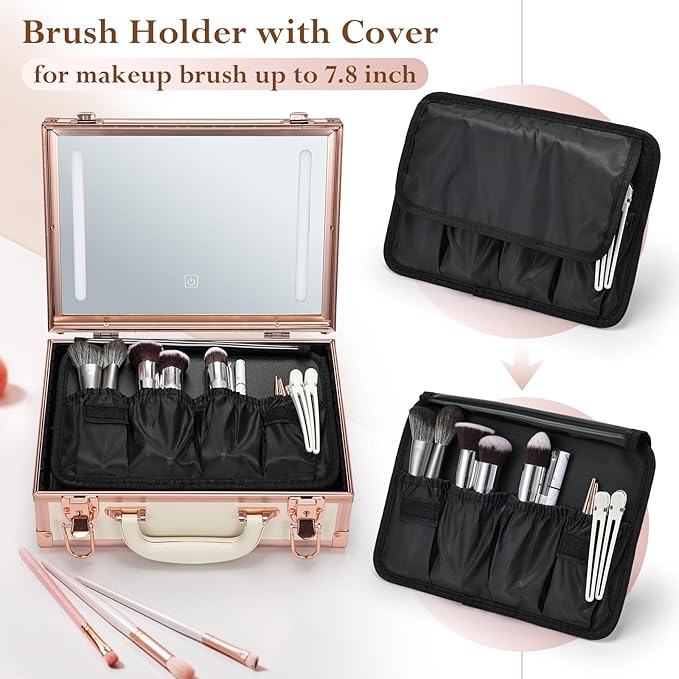 Faquenc Makeup Train Cases with Light Up Mirror 3 Color Setting, Lighted Makeup Case Organizer with Detachable Tray, Travel Makeup Box with Light for Make up Tools Storage (White & Gold)