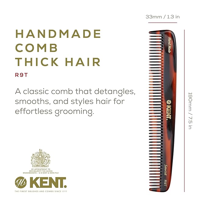 Kent R9T All Coarse Hair Detangling Comb Wide Teeth Dressing Table for Thick Curly Wavy Hair. Detangler Comb for Grooming and Styling, for Beard and Mustache, Handmade Saw-Cut and Polished