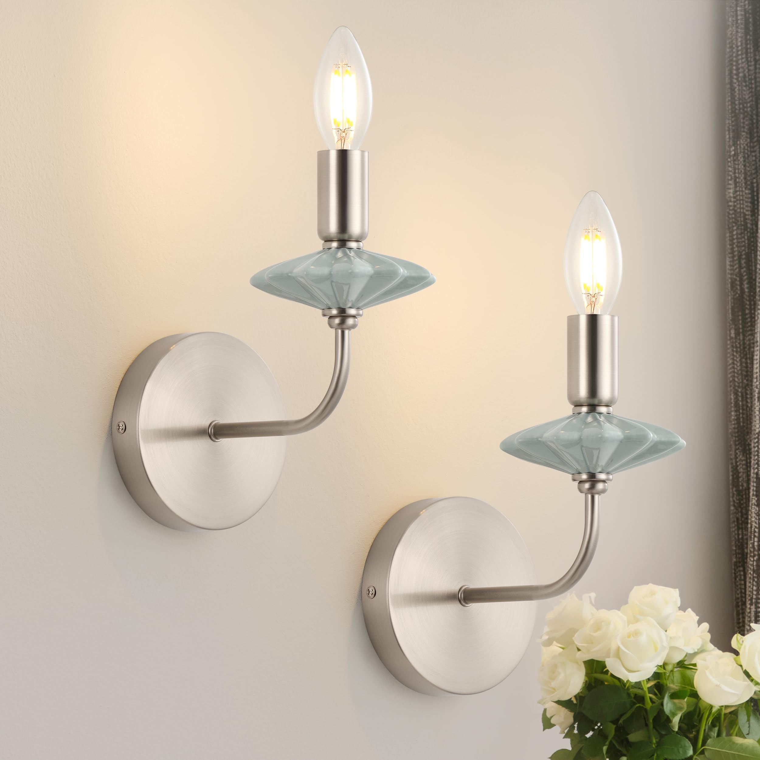 breomo Wall sconces Set of Two with Green Ceramic Flower Decoration,Brushed Nickel Wall Lights, Hardwired Vintage Vanity Light for Bathroom, Living Room, Bedroom, and hallways.