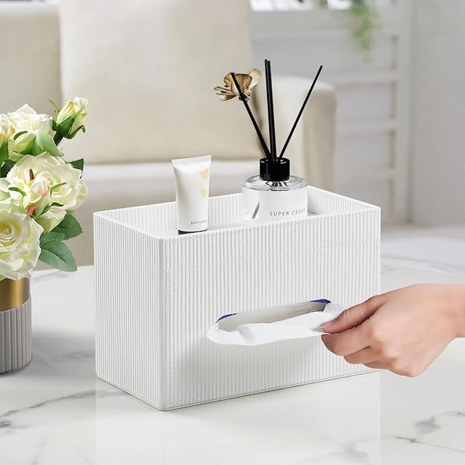 Tissue Box Cover Rectangle with Storage Tray, PU Leather Tissue Holder for Bathroom Vanity Countertop Night Stands Bedroom Office Desk, Stylish Rectangular Tissue Box Holder (Ivory)