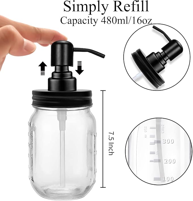 2-Pack Mason Jar Soap Dispenser - 16 oz Thick Clear Glass Soap Dispenser with Rust Proof Stainless Steel Pump and Lid for Liquid/Dish Soap/Lotion, Refillable Dispensers for Kitchen Bathroom Countertop