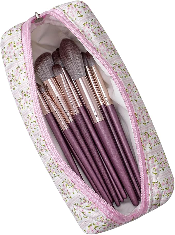 HHQQWZ Cute Floral Cotton Makeup Brush Cosmetic Bag for Women, Travel Quilted Zipper Make Up Bag, Flowers Toiletry Organizer Case Kawaii Makeup Cosmetic Travel Cloth Pouch (Pink+Big Red Floral)