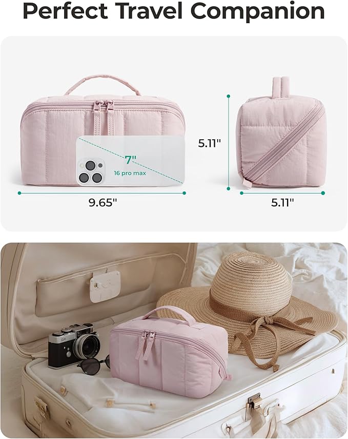 BAGSMART Travel Makeup Bag for Women, Portable Water-resistant Cosmetic Case, Puffy Padded Make Up Organizer Pouch, Open Flat Toiletry Bag for Toiletries, Brushes, Checkred Green