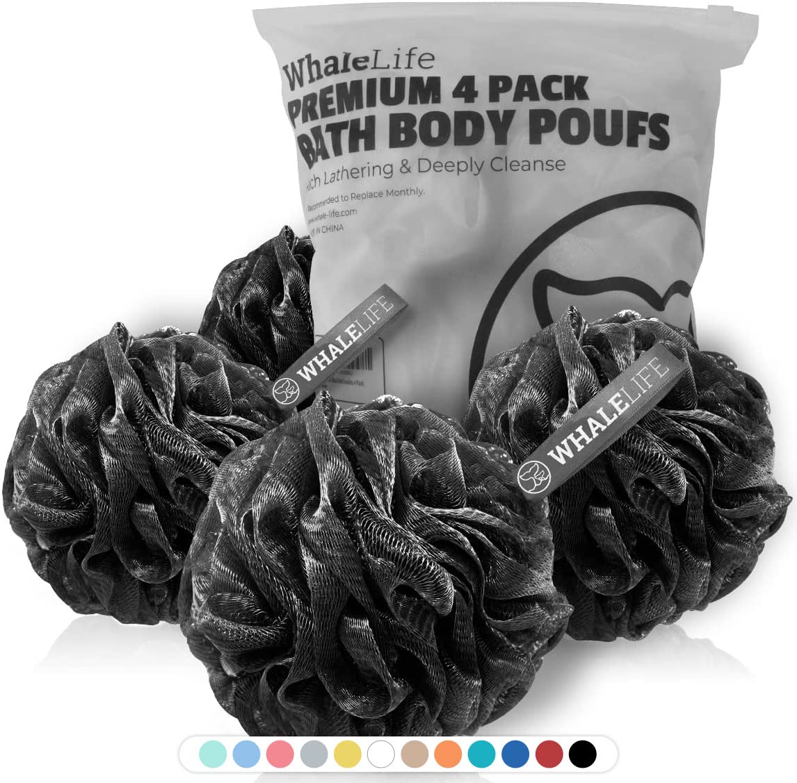 Bath Loofah Sponge for Shower - Body Scrubber 4-Pack Gray Blue Green Purple