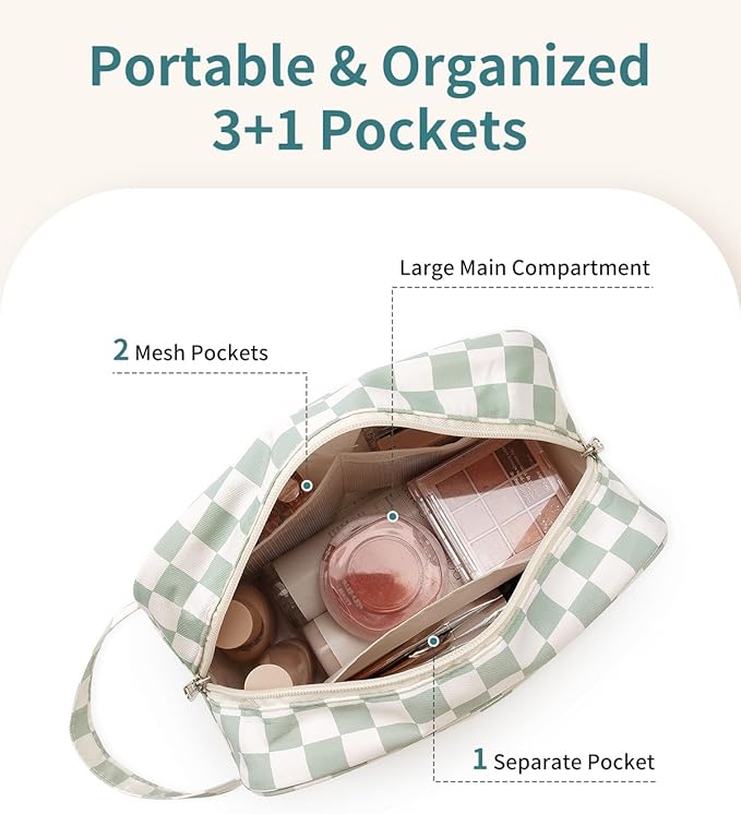 Narwey Travel Toiletry Bag for Women Traveling Dopp Kit Travel Bag for Toiletries Cosmetic Bag Makeup Bag Medicine Bag for Traveling (Mint Green Checkerboard)