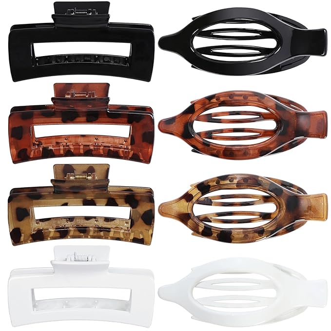 Hair Clips for Women 4.3 Inch Large Hair Claw Clips 8 pcs Square Claw Clips & Flat Hair Clips for Thick or Thin Hair French Concord Hair Barrettes Alligator Hair Accessories for Women (Leopard)