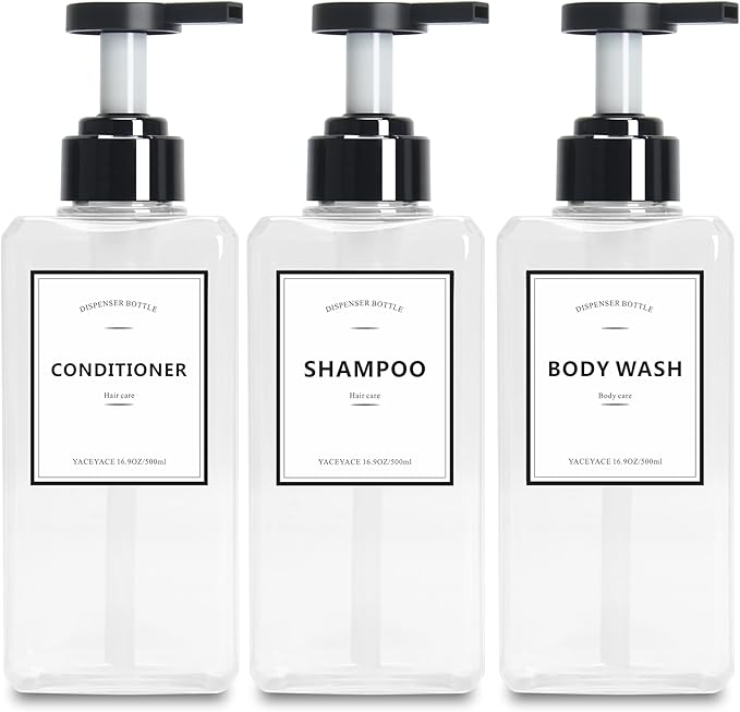 YACAYACE 16.9oz Clear Shampoo and Conditioner Dispenser Set, Refillable Pump Soap Bottles for Shower