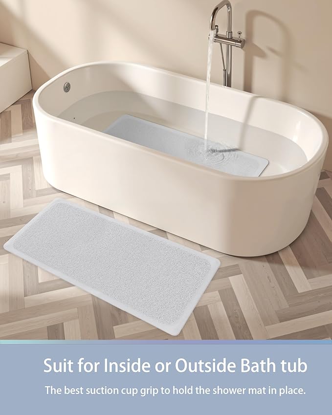 Mecko Non Slip Shower Mats, 16x40 Inch, Anti-Slip Bathtub Mats with Suction Cups for Bathroom, Foot Scrubber Loofah Bath Mats for Shower, Quick Drying Shower Stall Mats for Wet Areas (White)