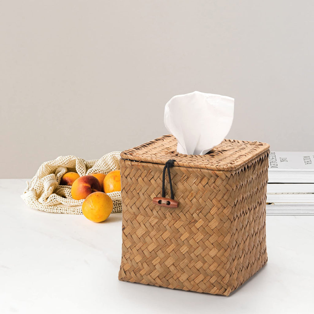 Seagrass Square Tissue Box Cover Woven Napkin Holder Decorative for Bathroom Farmhouse (Natural, 5.5 x 5.5 x 5.5 Inch)