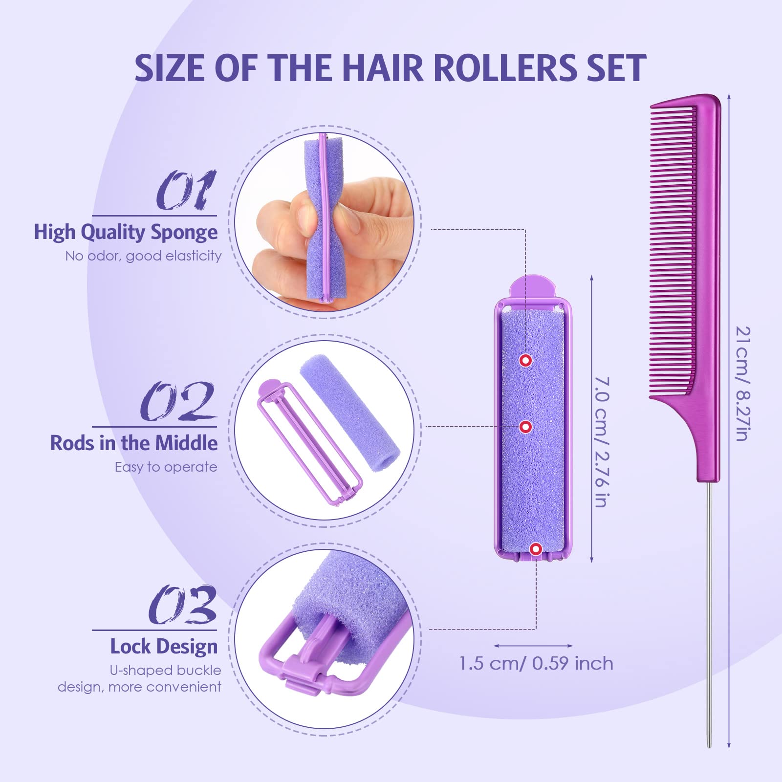 Syhood 43 Pcs Foam Sponge Hair Rollers Rat Tail Comb,Purple