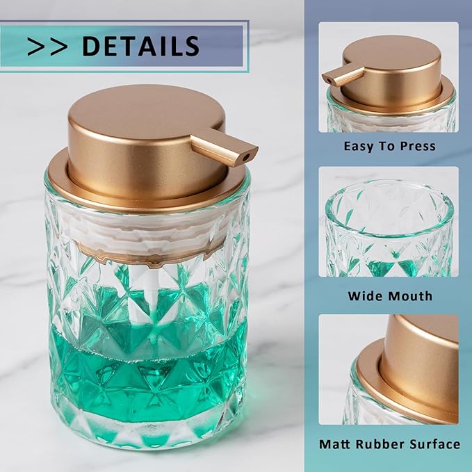 Bathroom Glass Soap Dispenser with Durable Rust-Proof Plastic Liquid Pump Hand Lotion Dispenser Antislip Shampoo Kitchen 10oz 2 Pack