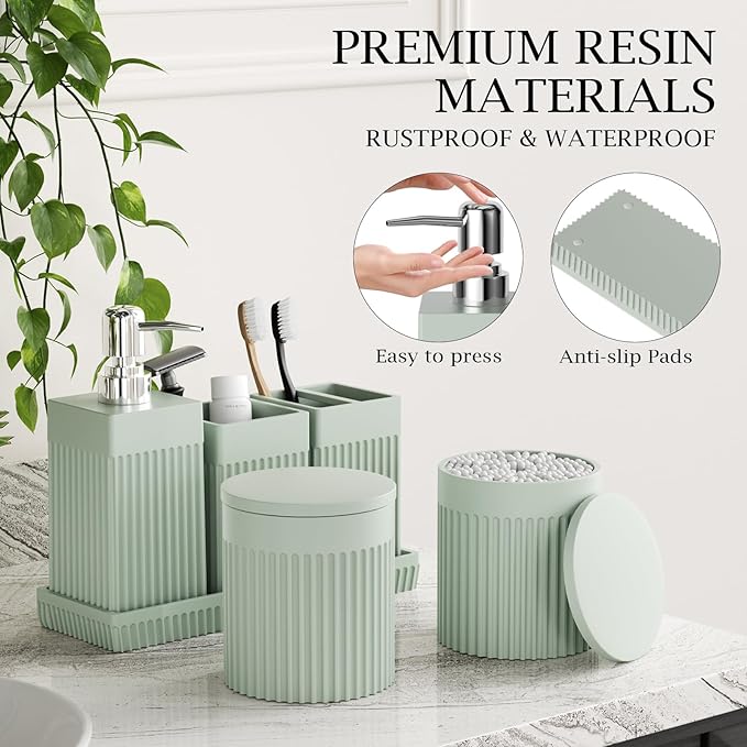 InnJoey Bathroom Accessories Set, 6-Piece Resin Green Bathroom Set with Toothbrush Holders, Soap Dispenser, Vanity Tray, Tumbler, Cotton Swab Jars, Modern Bathroom Organizer for Small Spaces
